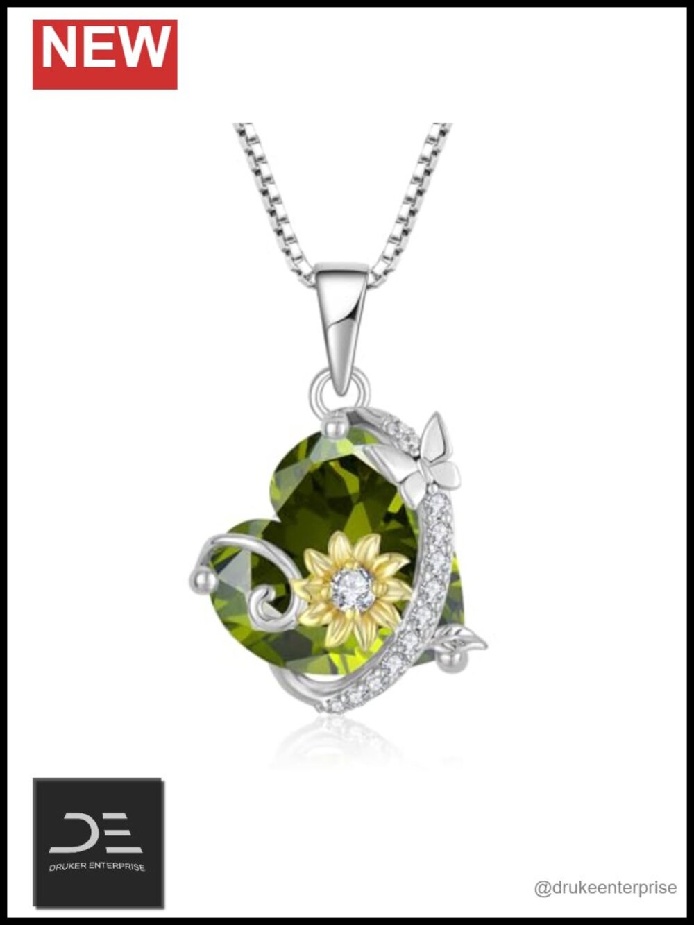 925 Sterling Silver Butterfly Sunflower Heart Pendant Necklace CZ Peridot